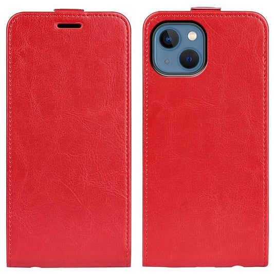 For iPhone 14 Plus 6.7 inch Impact Proof Vertical Flip Case Crazy Horse Texture PU Leather Magnetic Clasp Phone Cover with Card Holder - Red