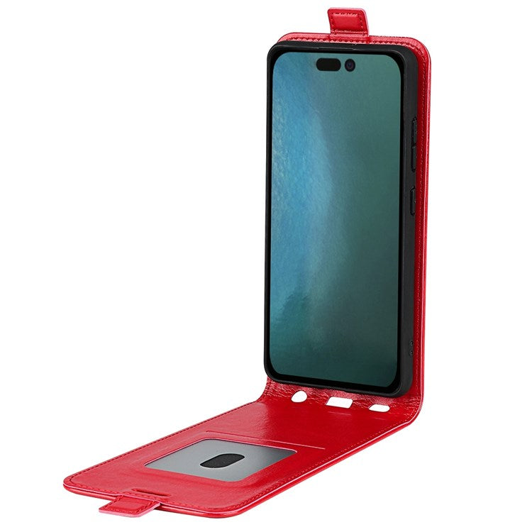 For iPhone 14 Plus 6.7 inch Impact Proof Vertical Flip Case Crazy Horse Texture PU Leather Magnetic Clasp Phone Cover with Card Holder - Red
