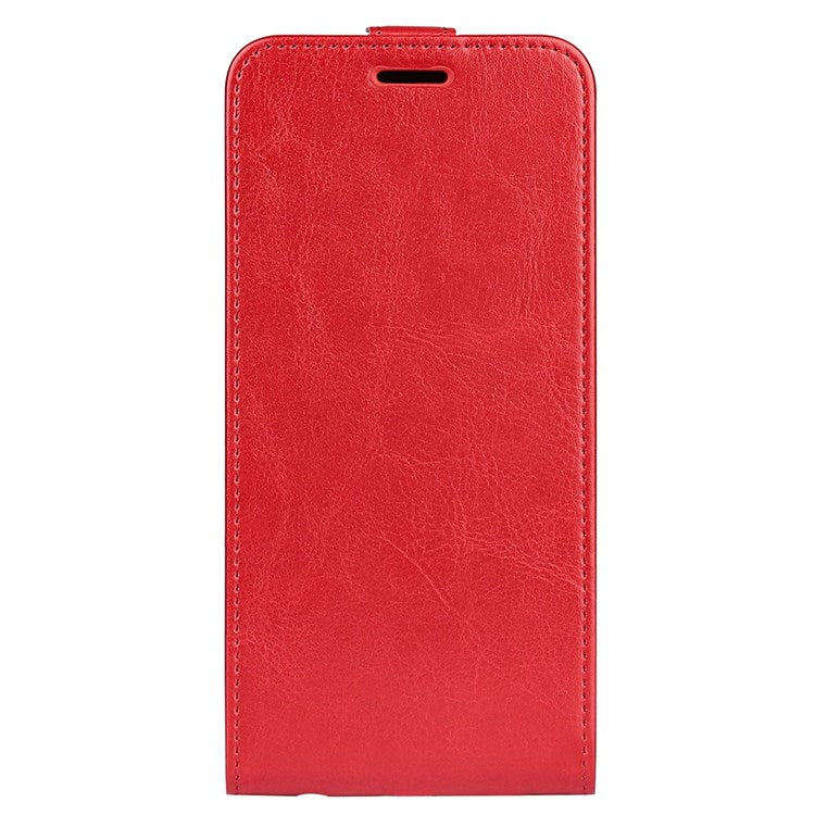For iPhone 14 Plus 6.7 inch Impact Proof Vertical Flip Case Crazy Horse Texture PU Leather Magnetic Clasp Phone Cover with Card Holder - Red