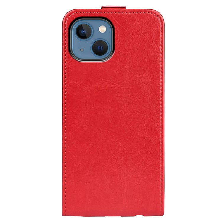 For iPhone 14 Plus 6.7 inch Impact Proof Vertical Flip Case Crazy Horse Texture PU Leather Magnetic Clasp Phone Cover with Card Holder - Red