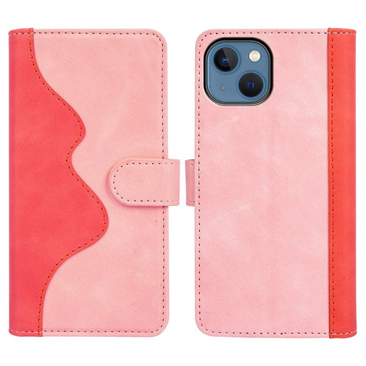 For iPhone 14 6.1 inch Fall Proof Splicing Design Protective Case PU Leather Wallet Stand Phone Shell - Pink