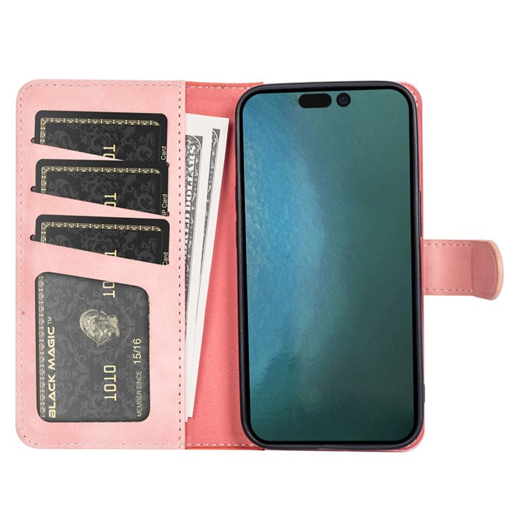 For iPhone 14 6.1 inch Fall Proof Splicing Design Protective Case PU Leather Wallet Stand Phone Shell - Pink
