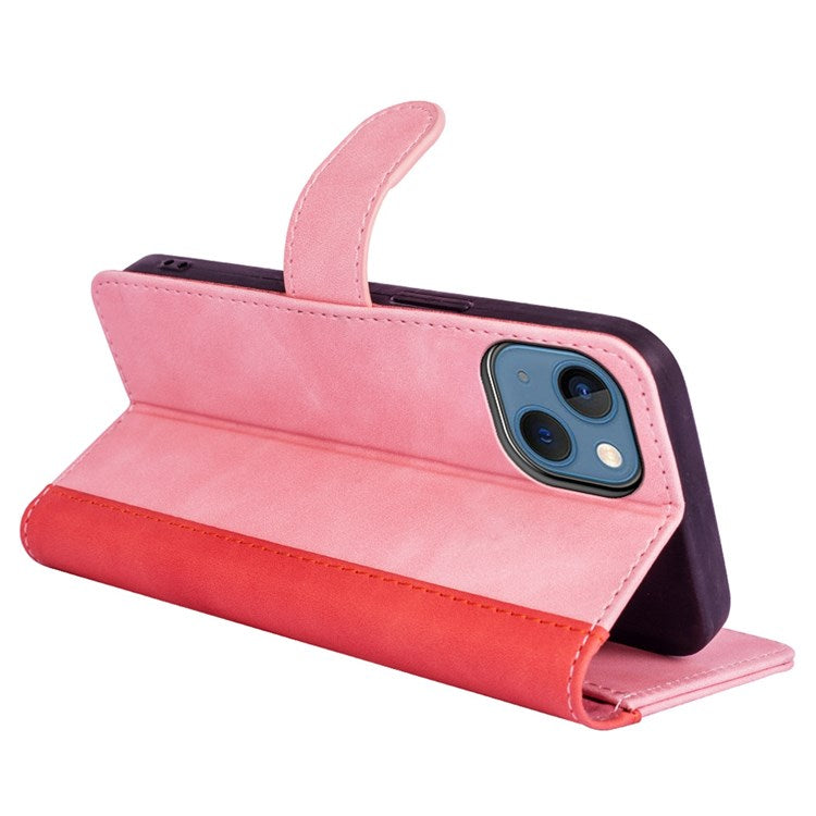 For iPhone 14 6.1 inch Fall Proof Splicing Design Protective Case PU Leather Wallet Stand Phone Shell - Pink