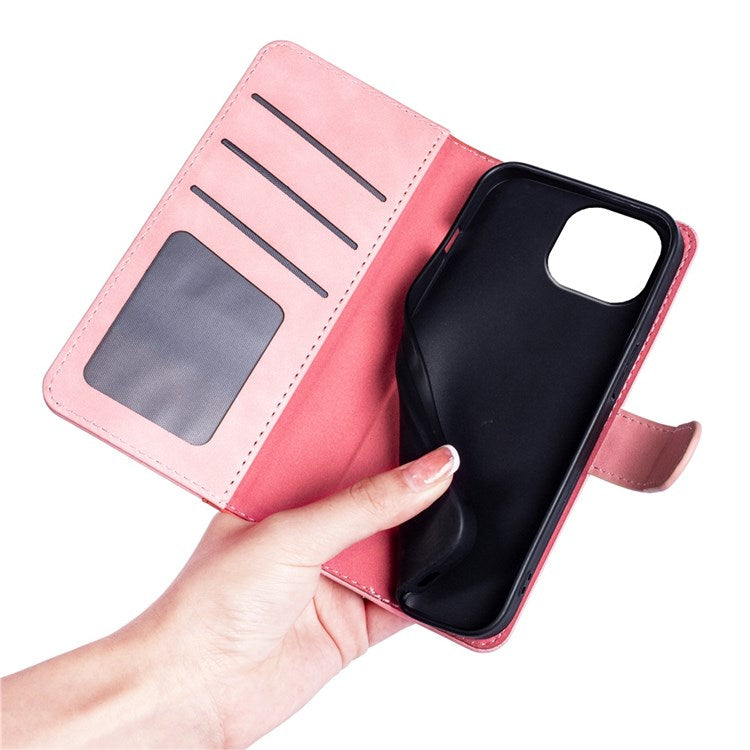 For iPhone 14 6.1 inch Fall Proof Splicing Design Protective Case PU Leather Wallet Stand Phone Shell - Pink