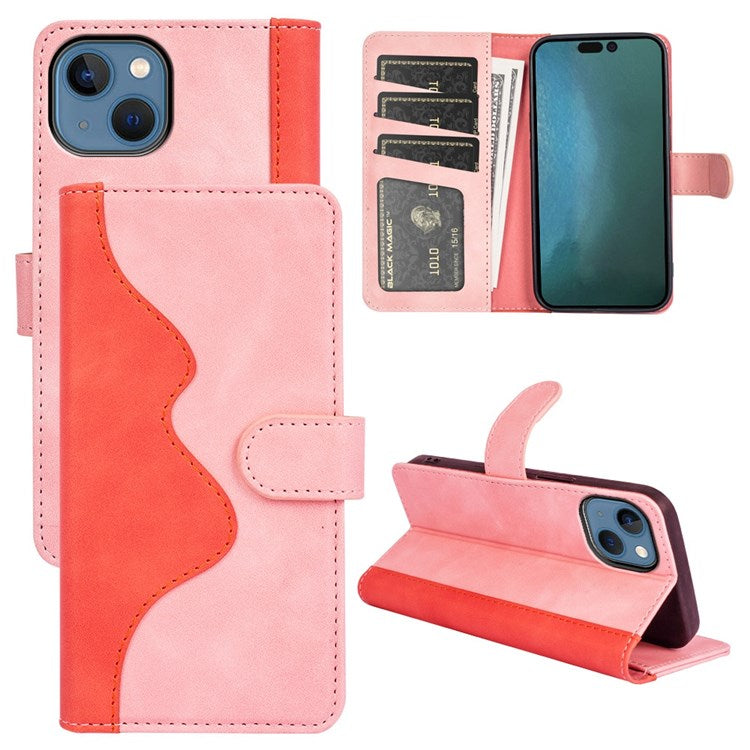For iPhone 14 6.1 inch Fall Proof Splicing Design Protective Case PU Leather Wallet Stand Phone Shell - Pink