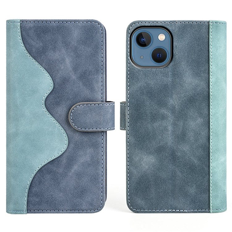 For iPhone 14 6.1 inch Fall Proof Splicing Design Protective Case PU Leather Wallet Stand Phone Shell - Blue