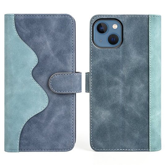 For iPhone 14 6.1 inch Fall Proof Splicing Design Protective Case PU Leather Wallet Stand Phone Shell - Blue