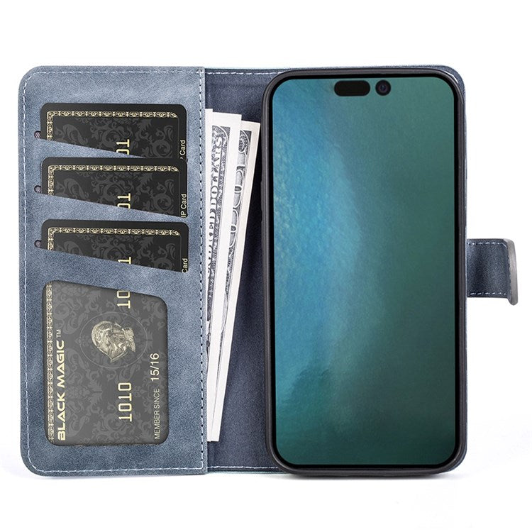 For iPhone 14 6.1 inch Fall Proof Splicing Design Protective Case PU Leather Wallet Stand Phone Shell - Blue