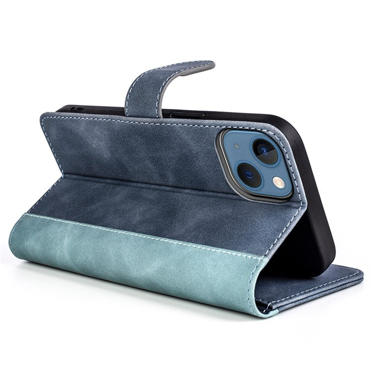 For iPhone 14 6.1 inch Fall Proof Splicing Design Protective Case PU Leather Wallet Stand Phone Shell - Blue