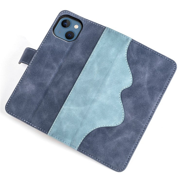 For iPhone 14 6.1 inch Fall Proof Splicing Design Protective Case PU Leather Wallet Stand Phone Shell - Blue