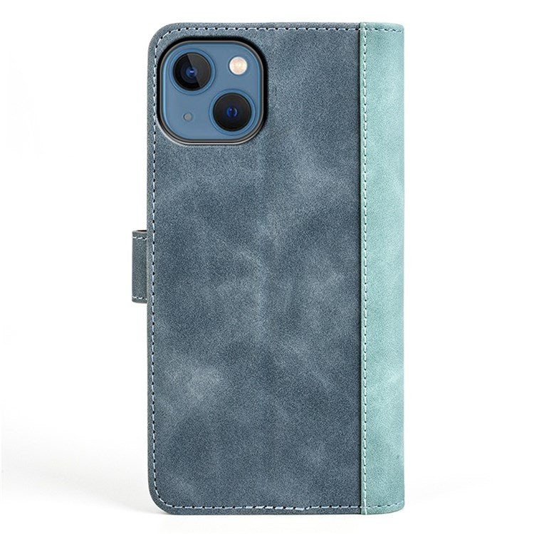 For iPhone 14 6.1 inch Fall Proof Splicing Design Protective Case PU Leather Wallet Stand Phone Shell - Blue