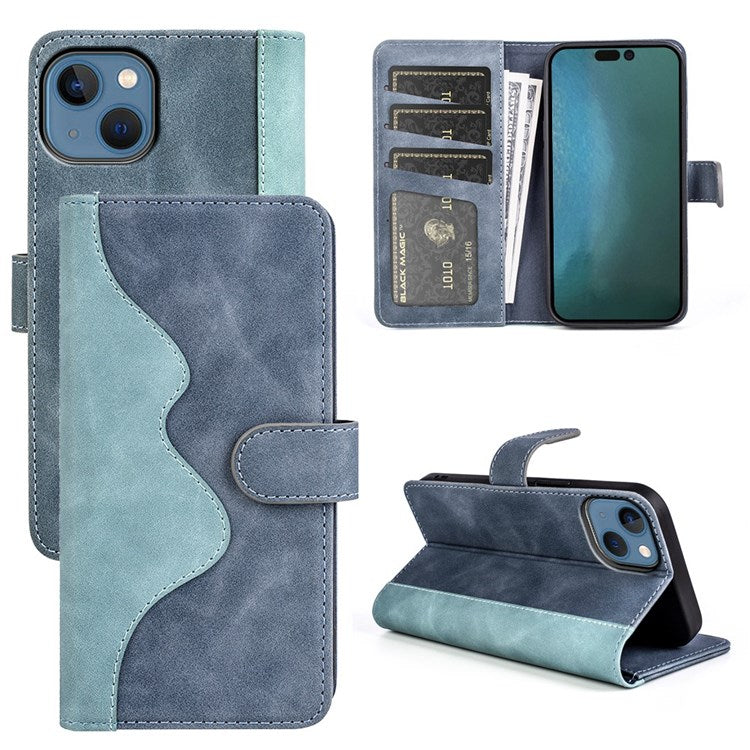 For iPhone 14 6.1 inch Fall Proof Splicing Design Protective Case PU Leather Wallet Stand Phone Shell - Blue