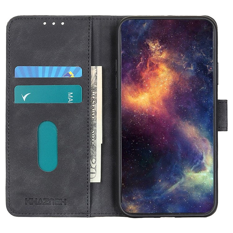 KHAZNEH For iPhone 14 Pro Max 6.7 inch Vintage Textured PU Leather Anti-fall Cellphone Case Anti-dust Protective Cover with Stand Wallet - Black