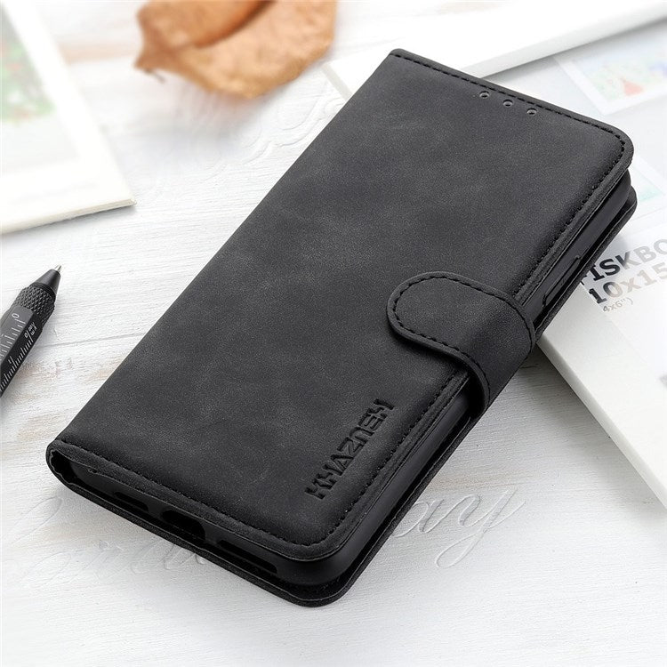 KHAZNEH For iPhone 14 Pro Max 6.7 inch Vintage Textured PU Leather Anti-fall Cellphone Case Anti-dust Protective Cover with Stand Wallet - Black