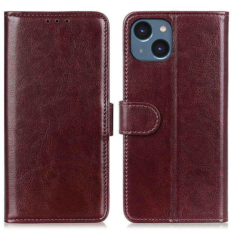 For iPhone 14 6.1 inch Crazy Horse Texture Phone Cover Shockproof Stand Case PU Leather Wallet Magnetic Protective Shell with Card Slots- Brown