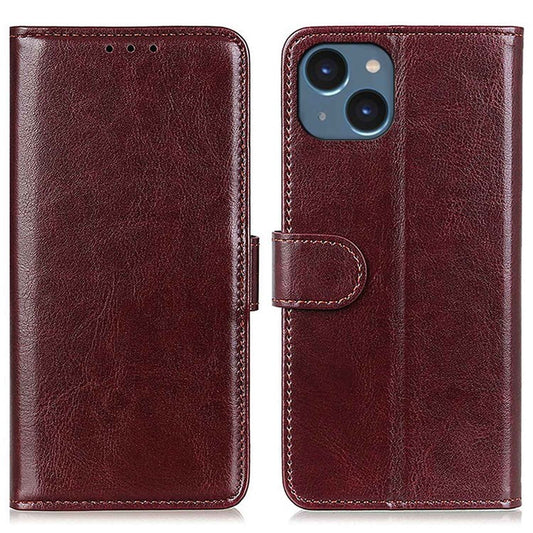 For iPhone 14 6.1 inch Crazy Horse Texture Phone Cover Shockproof Stand Case PU Leather Wallet Magnetic Protective Shell with Card Slots- Brown