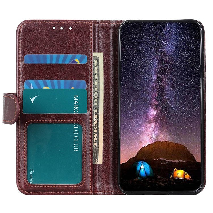 For iPhone 14 6.1 inch Crazy Horse Texture Phone Cover Shockproof Stand Case PU Leather Wallet Magnetic Protective Shell with Card Slots- Brown