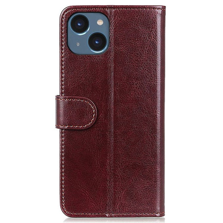 For iPhone 14 6.1 inch Crazy Horse Texture Phone Cover Shockproof Stand Case PU Leather Wallet Magnetic Protective Shell with Card Slots- Brown