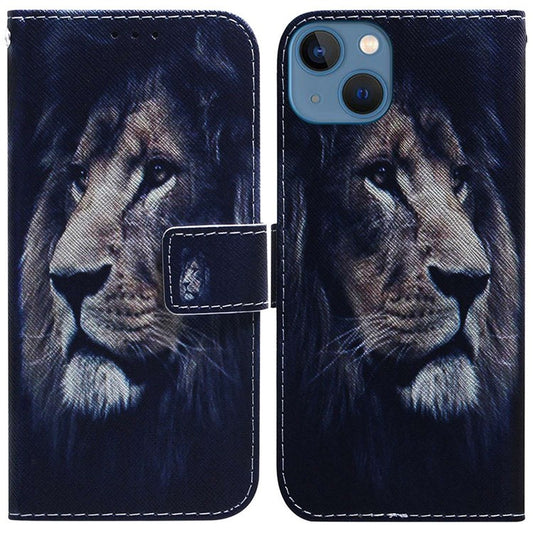 Pattern Printing Phone Case for iPhone 14 6.1 inch, PU Leather Wallet Flip Folio Case Adjustable Stand Shell - Lion