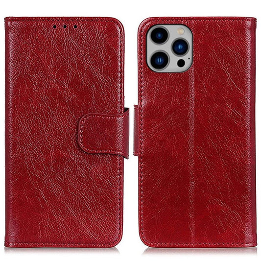 Split Leather Nappa Texture Phone Case for iPhone 14 Plus 6.7 inch, Anti-scratch Magnetic Closure Stand Wallet Phone Cover - Red