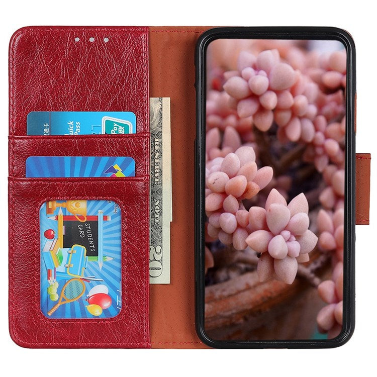 Split Leather Nappa Texture Phone Case for iPhone 14 Plus 6.7 inch, Anti-scratch Magnetic Closure Stand Wallet Phone Cover - Red