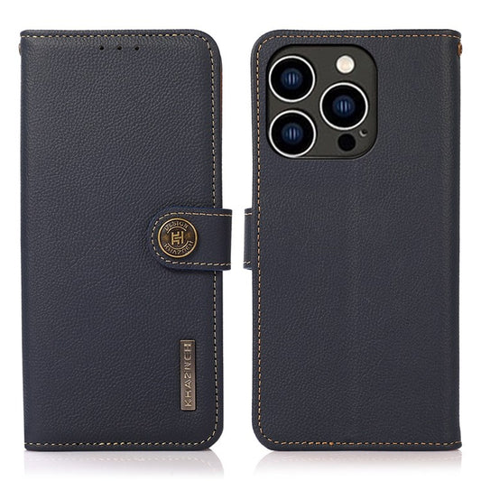 KHAZNEH For iPhone 14 Pro 6.1 inch Genuine Leather RFID Blocking Flip Magnetic Wallet Case Stand Shockproof Flip Folio Book Phone Cover - Blue