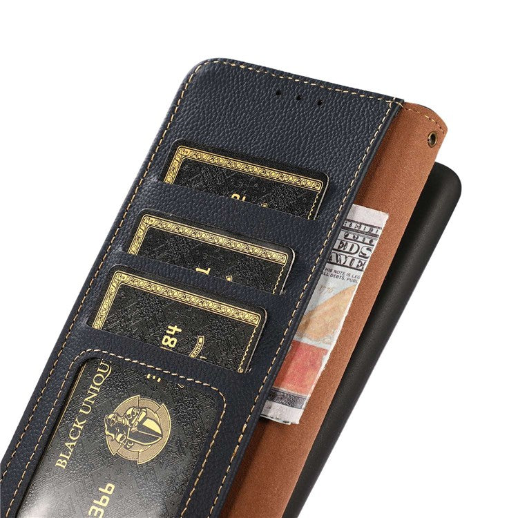 KHAZNEH For iPhone 14 Pro 6.1 inch Genuine Leather RFID Blocking Flip Magnetic Wallet Case Stand Shockproof Flip Folio Book Phone Cover - Blue