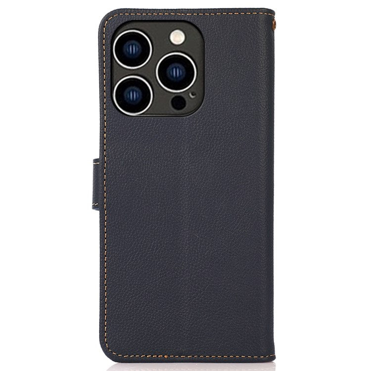 KHAZNEH For iPhone 14 Pro 6.1 inch Genuine Leather RFID Blocking Flip Magnetic Wallet Case Stand Shockproof Flip Folio Book Phone Cover - Blue
