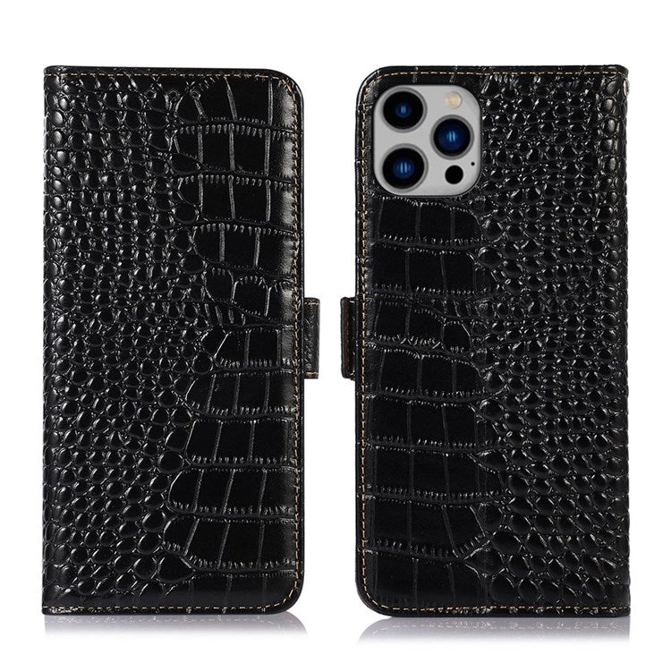 For iPhone 14 Plus 6.7 inch Crocodile Texture RFID Blocking Stand Case Genuine Cowhide Leather Magnetic Clasp Wallet Phone Cover - Black