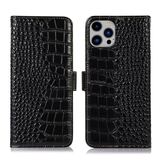 For iPhone 14 Plus 6.7 inch Crocodile Texture RFID Blocking Stand Case Genuine Cowhide Leather Magnetic Clasp Wallet Phone Cover - Black