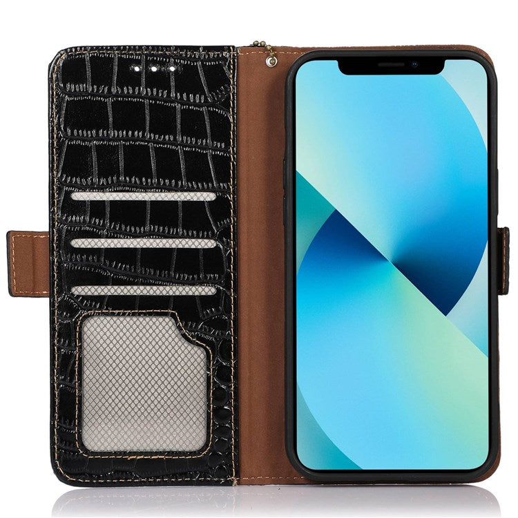 For iPhone 14 Plus 6.7 inch Crocodile Texture RFID Blocking Stand Case Genuine Cowhide Leather Magnetic Clasp Wallet Phone Cover - Black
