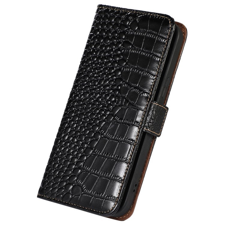 For iPhone 14 Plus 6.7 inch Crocodile Texture RFID Blocking Stand Case Genuine Cowhide Leather Magnetic Clasp Wallet Phone Cover - Black