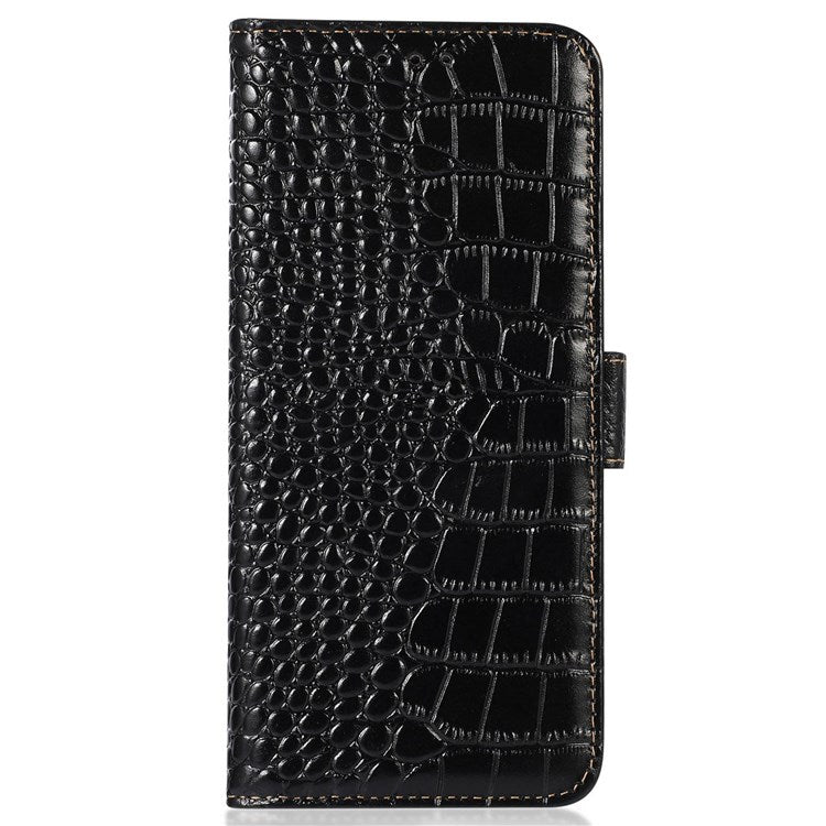 For iPhone 14 Plus 6.7 inch Crocodile Texture RFID Blocking Stand Case Genuine Cowhide Leather Magnetic Clasp Wallet Phone Cover - Black