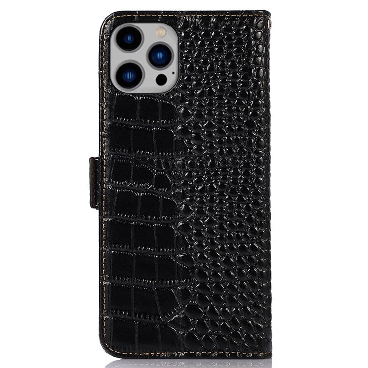 For iPhone 14 Plus 6.7 inch Crocodile Texture RFID Blocking Stand Case Genuine Cowhide Leather Magnetic Clasp Wallet Phone Cover - Black
