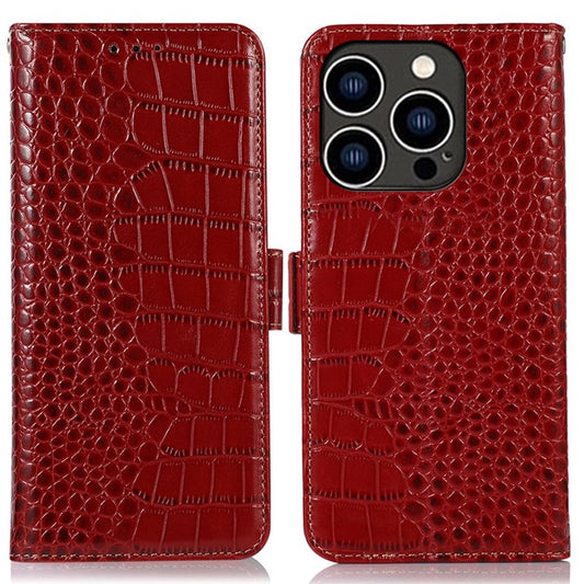 Crocodile Texture Phone Case for iPhone 14 Pro 6.1 inch, Genuine Cowhide Leather Magnetic Clasp RFID Blocking Shell with Stand Wallet - Red