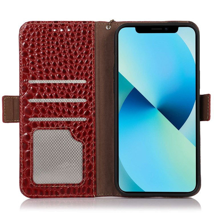 Crocodile Texture Phone Case for iPhone 14 Pro 6.1 inch, Genuine Cowhide Leather Magnetic Clasp RFID Blocking Shell with Stand Wallet - Red