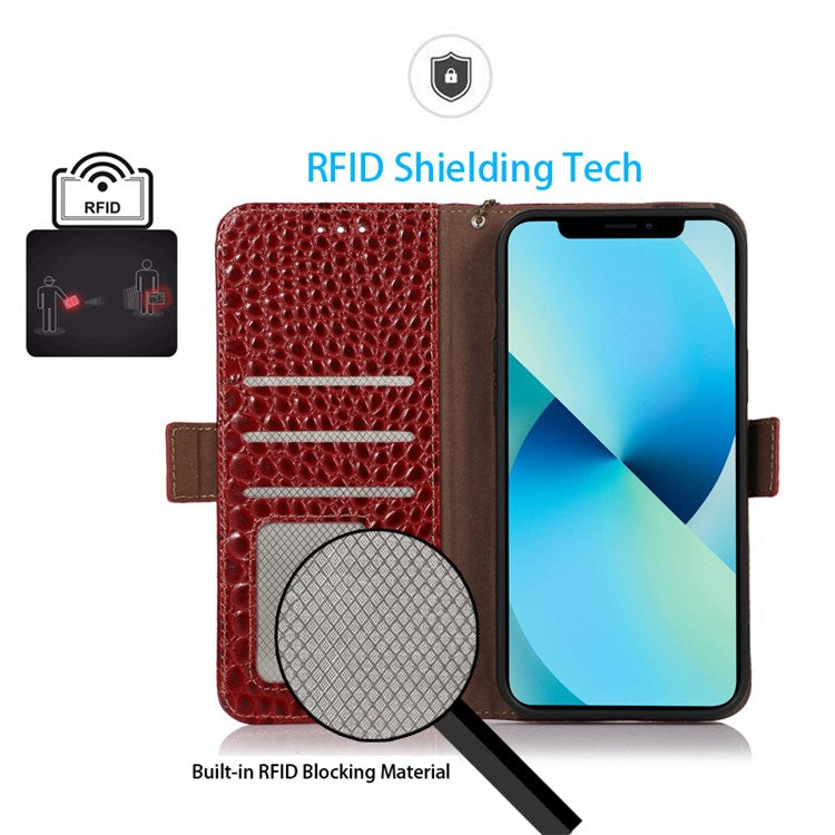 Crocodile Texture Phone Case for iPhone 14 Pro 6.1 inch, Genuine Cowhide Leather Magnetic Clasp RFID Blocking Shell with Stand Wallet - Red
