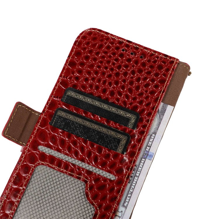 Crocodile Texture Phone Case for iPhone 14 Pro 6.1 inch, Genuine Cowhide Leather Magnetic Clasp RFID Blocking Shell with Stand Wallet - Red