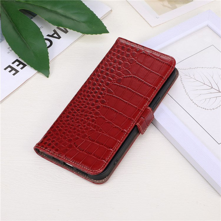 Crocodile Texture Phone Case for iPhone 14 Pro 6.1 inch, Genuine Cowhide Leather Magnetic Clasp RFID Blocking Shell with Stand Wallet - Red