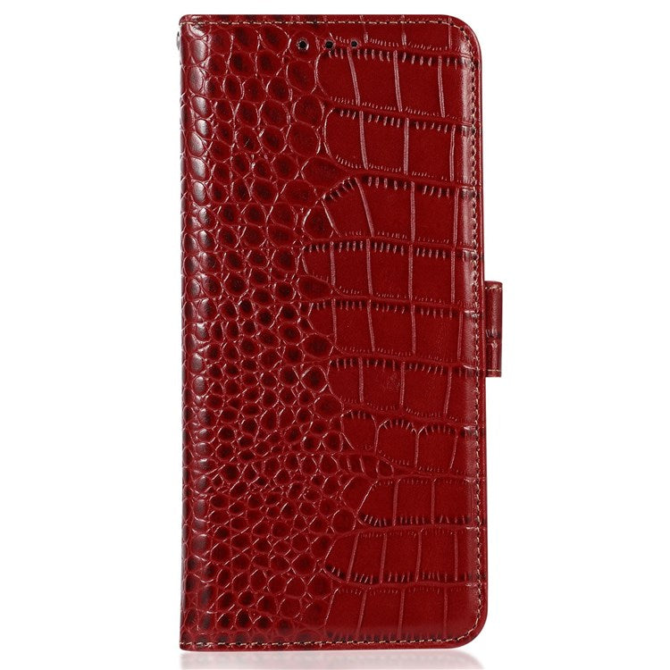 Crocodile Texture Phone Case for iPhone 14 Pro 6.1 inch, Genuine Cowhide Leather Magnetic Clasp RFID Blocking Shell with Stand Wallet - Red
