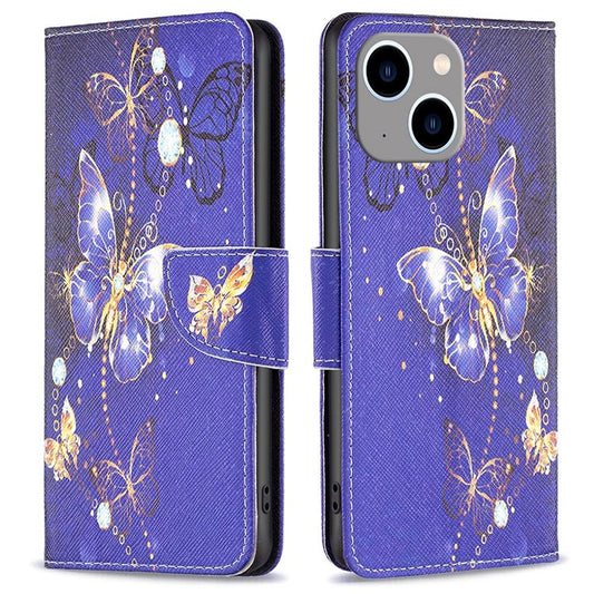BF Pattern Printing Leather Series-2 for iPhone 14 Plus 6.7 inch Stand Wallet Shockproof PU Leather Phone Case Anti-drop Cover - Purple Butterflies