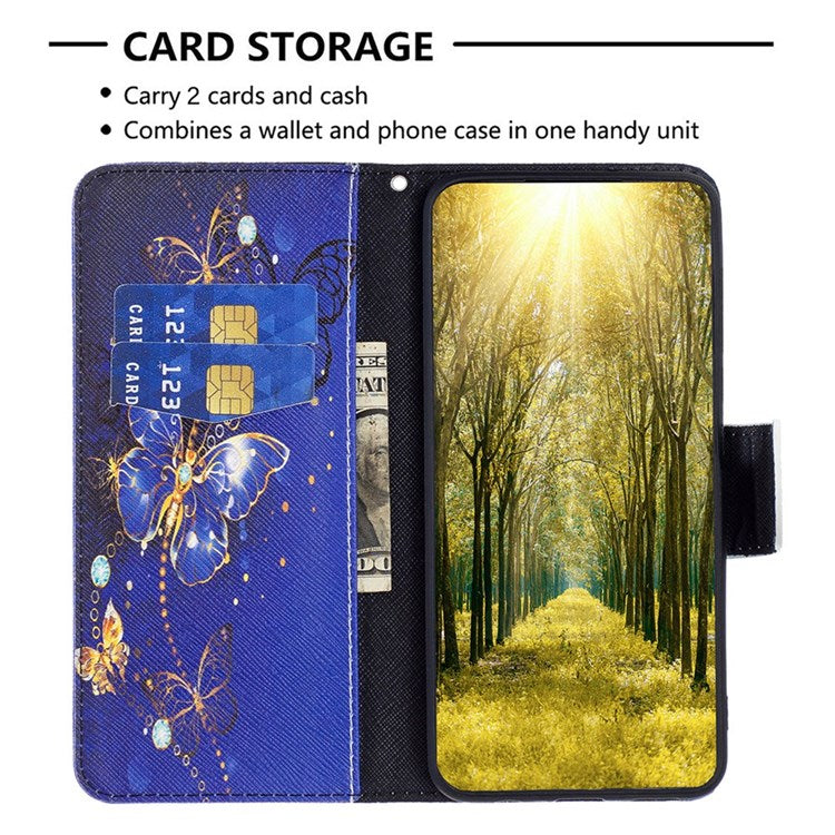 BF Pattern Printing Leather Series-2 for iPhone 14 Plus 6.7 inch Stand Wallet Shockproof PU Leather Phone Case Anti-drop Cover - Purple Butterflies