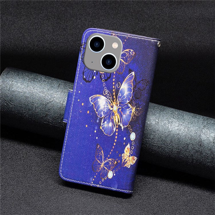 BF Pattern Printing Leather Series-2 for iPhone 14 Plus 6.7 inch Stand Wallet Shockproof PU Leather Phone Case Anti-drop Cover - Purple Butterflies