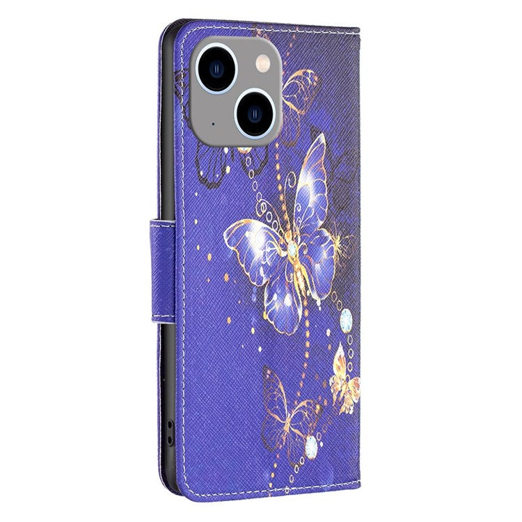 BF Pattern Printing Leather Series-2 for iPhone 14 Plus 6.7 inch Stand Wallet Shockproof PU Leather Phone Case Anti-drop Cover - Purple Butterflies