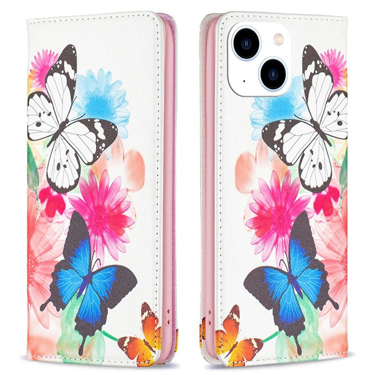 BF Pattern Printing Leather Series-3 for iPhone 14 6.1 inch PU Leather Foldable Stand Case Magnetic Auto-absorbed Wallet Phone Cover - Two Butterflies