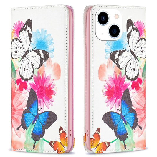 BF Pattern Printing Leather Series-3 for iPhone 14 6.1 inch PU Leather Foldable Stand Case Magnetic Auto-absorbed Wallet Phone Cover - Two Butterflies