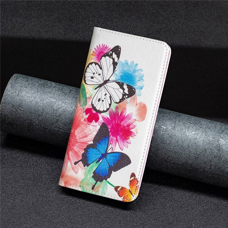 BF Pattern Printing Leather Series-3 for iPhone 14 6.1 inch PU Leather Foldable Stand Case Magnetic Auto-absorbed Wallet Phone Cover - Two Butterflies