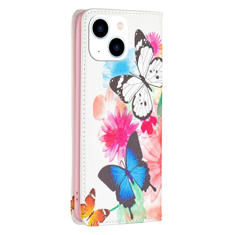 BF Pattern Printing Leather Series-3 for iPhone 14 6.1 inch PU Leather Foldable Stand Case Magnetic Auto-absorbed Wallet Phone Cover - Two Butterflies
