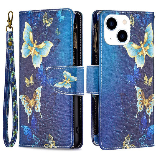 BF Pattern Printing Leather Series-4 for iPhone 14 6.1 inch, 03 Style Zipper Pocket Case PU Leather + TPU Magnetic Clasp Phone Cover with Wallet Stand - Golden Butterflies