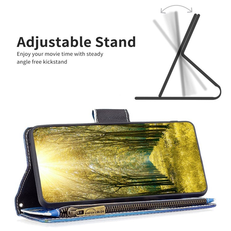 BF Pattern Printing Leather Series-4 for iPhone 14 6.1 inch, 03 Style Zipper Pocket Case PU Leather + TPU Magnetic Clasp Phone Cover with Wallet Stand - Golden Butterflies